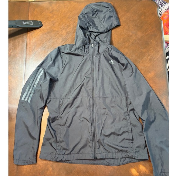 adidas Jackets & Blazers - Adidas Womens Black Hooded Windbreaker Jacket Full Zip 3-Stripe Running Size M